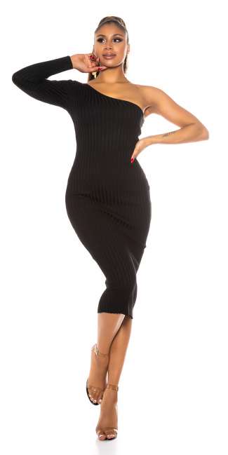 One-Shoulder Midi Knit Dress Black